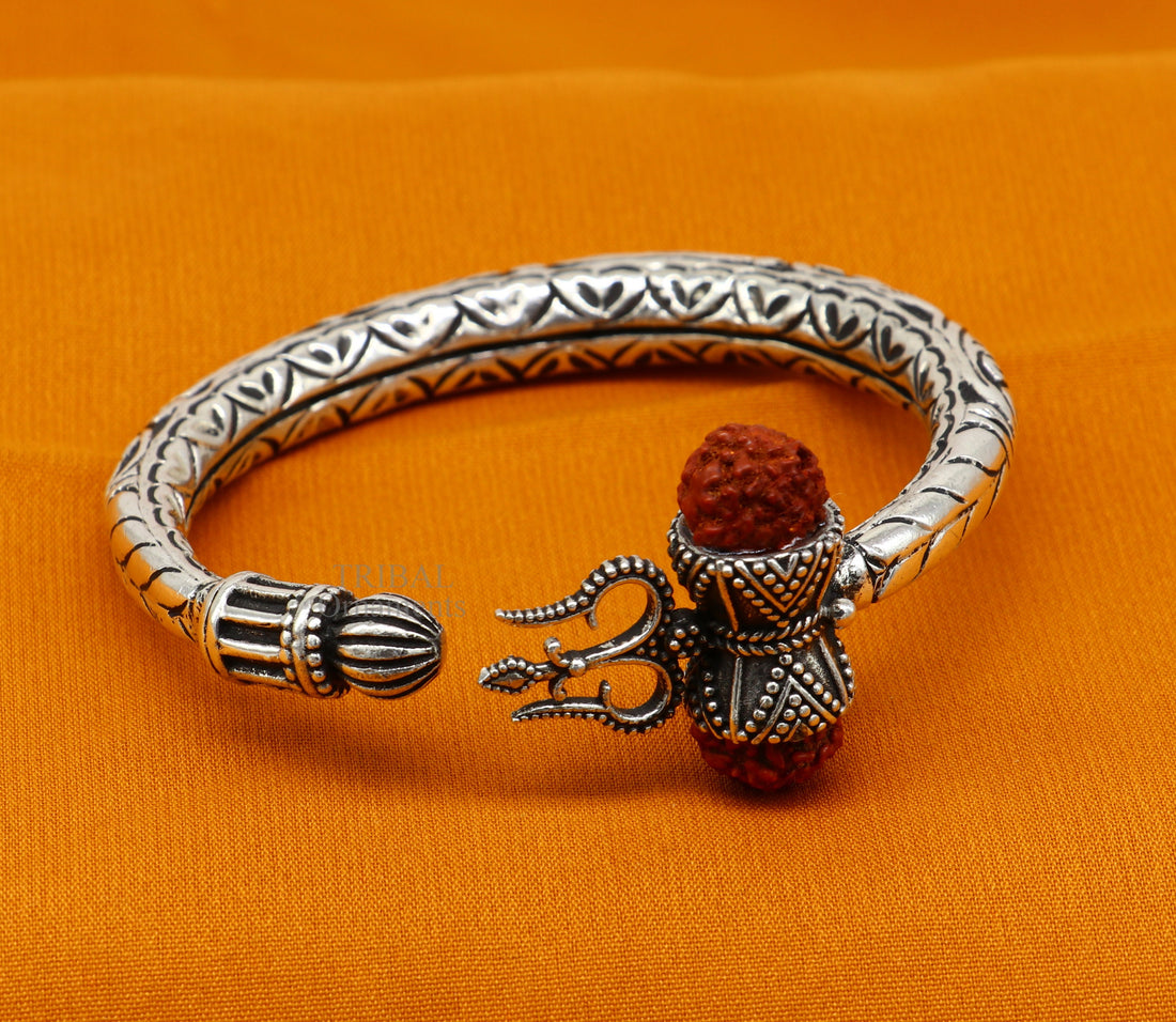 925 Sterling silver handmade chitai work Lord Shiva trident trishul kada bangle bracelet natural Rudraksha customized Bahubali kada nssk755 - TRIBAL ORNAMENTS