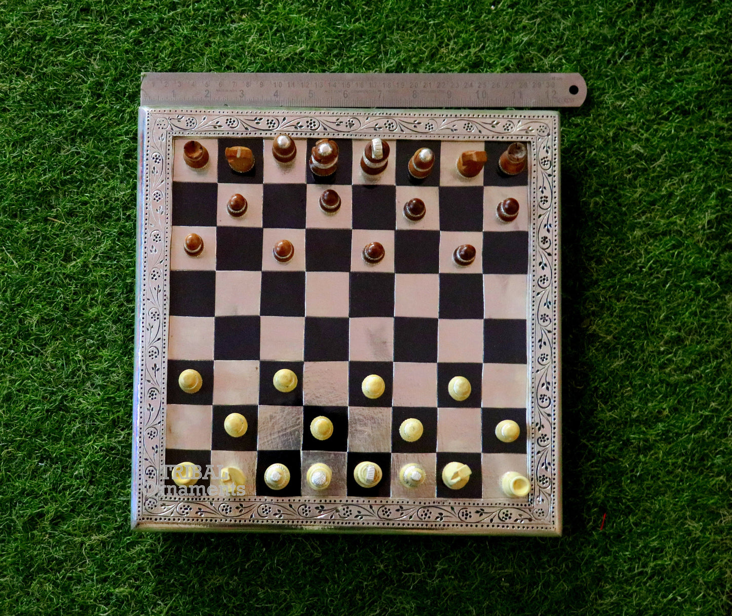 925 sterling silver work chessboard, Amazing customized handcrafted design on wooden base, fabulous Royal silver article from india fr11 - TRIBAL ORNAMENTS