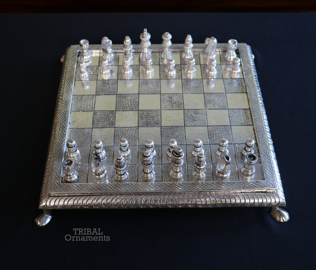 12" x 12" 925 sterling silver work chessboard, Amazing handcrafted design on wooden base, fabulous Royal silver article from india fr13 - TRIBAL ORNAMENTS