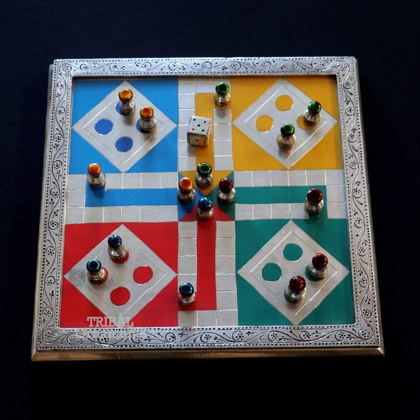 925 sterling silver handcrafted work LUDO Game board, Amazing handcrafted design on wooden base, fabulous Royal silver article gift fr14 - TRIBAL ORNAMENTS