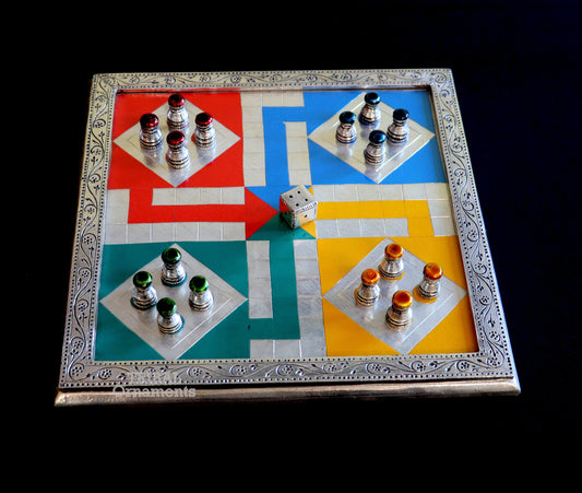 925 sterling silver handcrafted work LUDO Game board, Amazing handcrafted design on wooden base, fabulous Royal silver article gift fr14 - TRIBAL ORNAMENTS