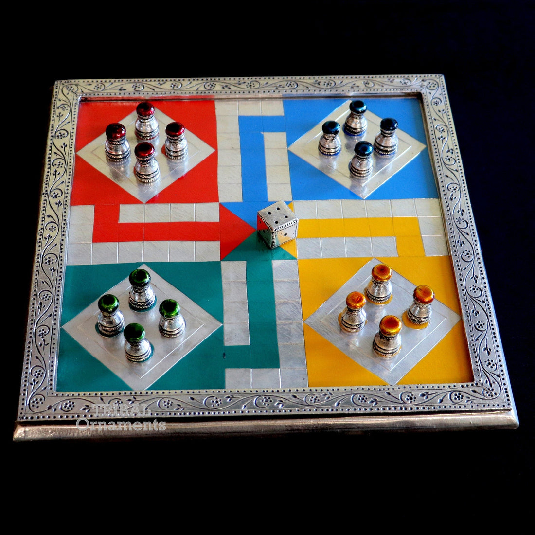 925 sterling silver handcrafted work LUDO Game board, Amazing handcrafted design on wooden base, fabulous Royal silver article gift fr14 - TRIBAL ORNAMENTS