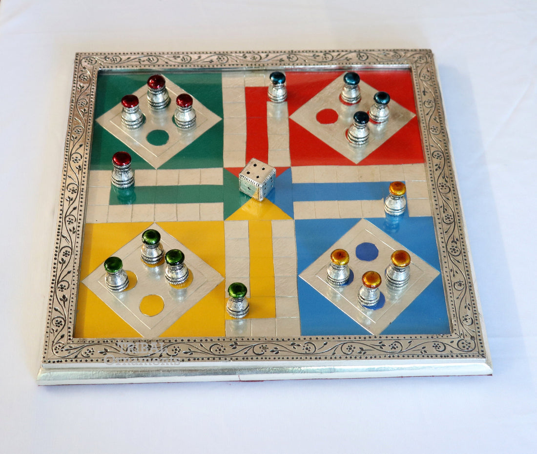 925 sterling silver handcrafted work LUDO Game board, Amazing handcrafted design on wooden base, fabulous Royal silver article gift fr14 - TRIBAL ORNAMENTS