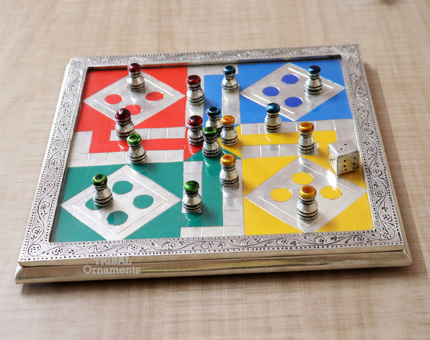 925 sterling silver handcrafted work LUDO Game board, Amazing handcrafted design on wooden base, fabulous Royal silver article gift fr14 - TRIBAL ORNAMENTS