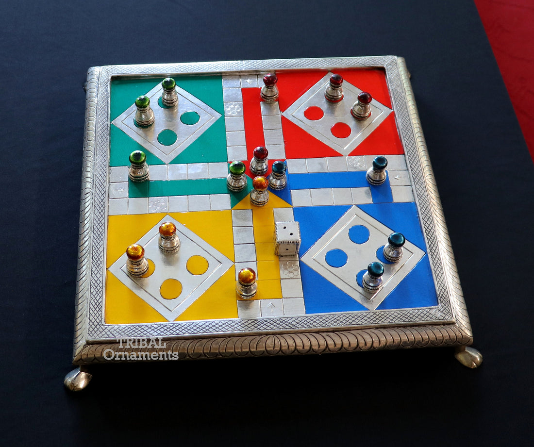 Pure 925 sterling silver handcrafted work LUDO Game board, Amazing handcrafted design on wooden base fabulous Royal silver article gift fr15 - TRIBAL ORNAMENTS