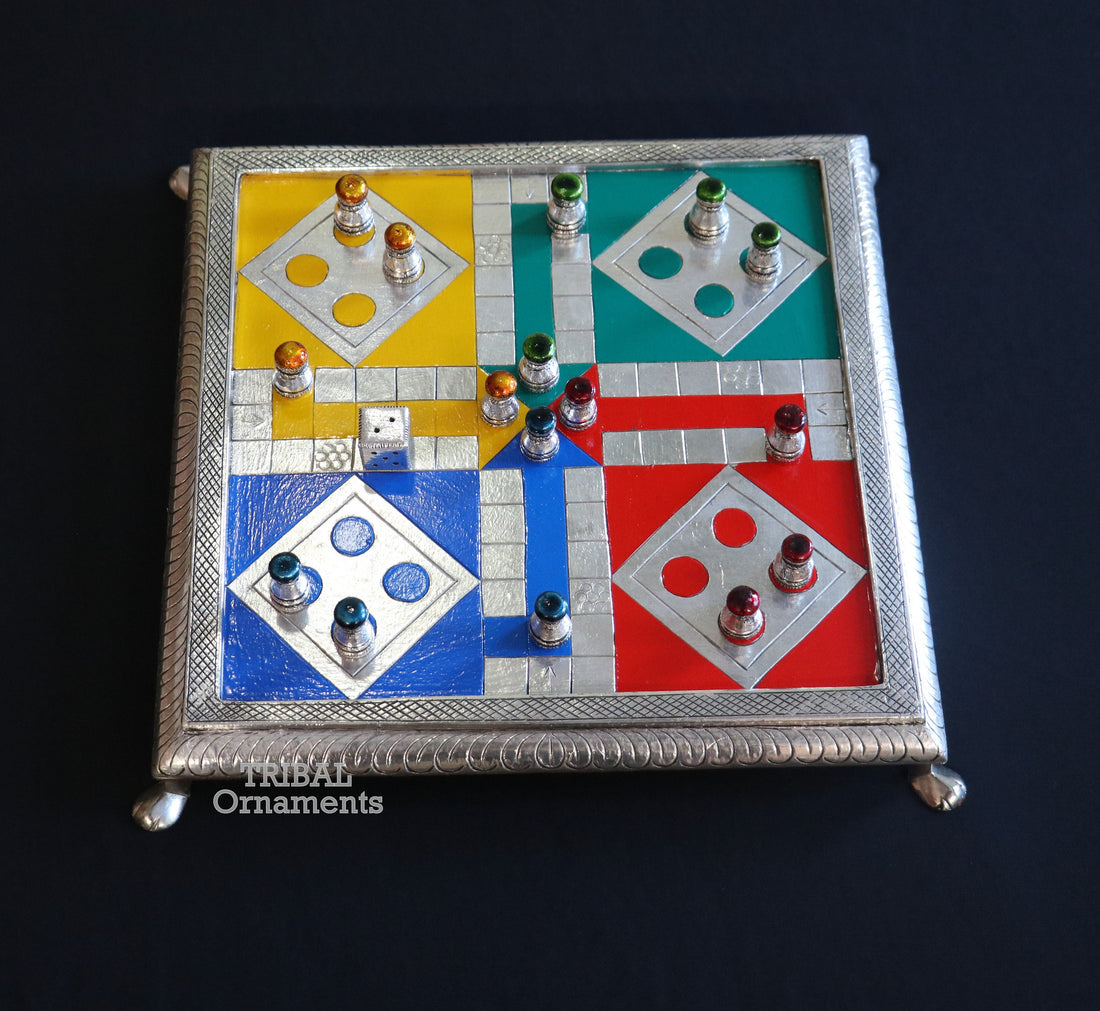 Pure 925 sterling silver handcrafted work LUDO Game board, Amazing handcrafted design on wooden base fabulous Royal silver article gift fr15 - TRIBAL ORNAMENTS