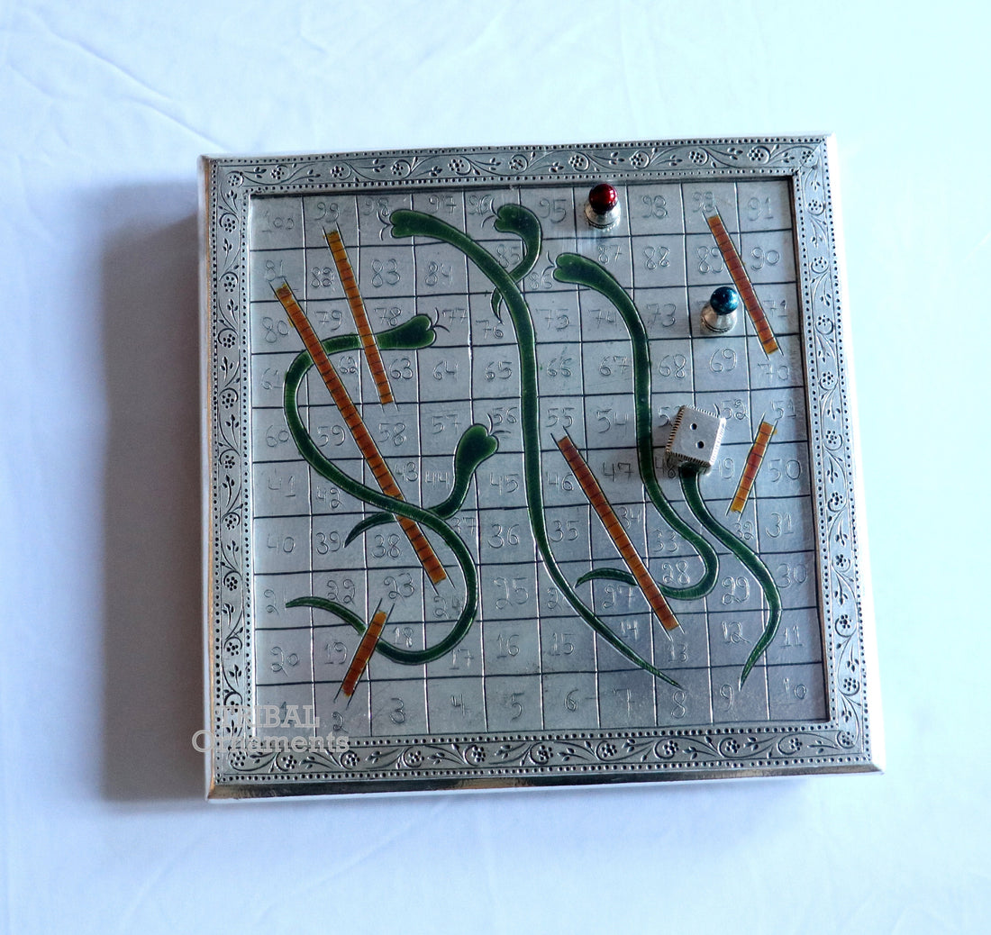 925 sterling silver handcrafted solid silver work snake and ladders game wooden base board, amazing vintage style classical games sf17 - TRIBAL ORNAMENTS
