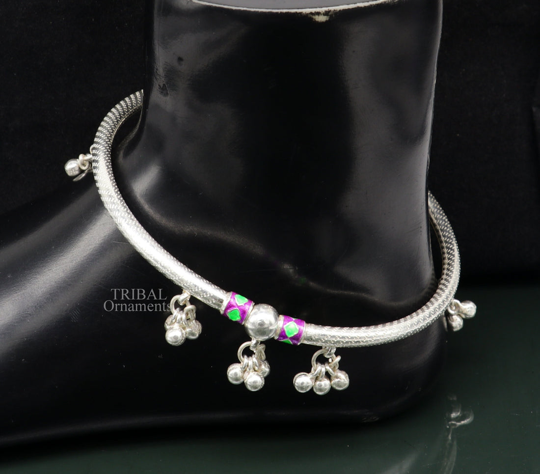 Sterling silver handmade gorgeous foot bangle bracelet kada, excellent jingling bells tribal customized anklet belly dance jewelry nsfk60 - TRIBAL ORNAMENTS