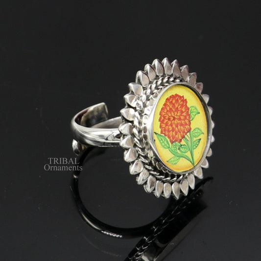 925 sterling silver adjustable ring band with fabulous flower painting ring unisex India jewelry ring520 - TRIBAL ORNAMENTS