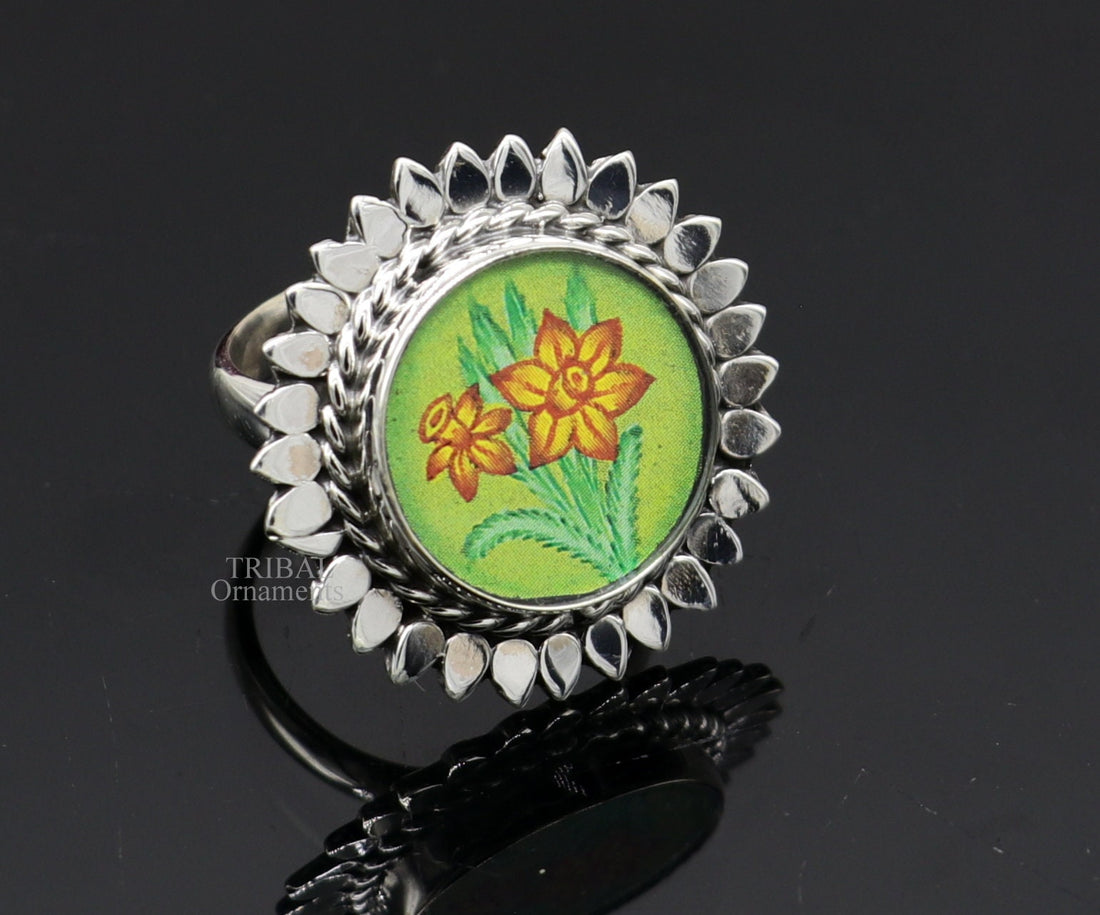 925 sterling silver adjustable ring band with fabulous flower painting ring unisex India jewelry ring552 - TRIBAL ORNAMENTS