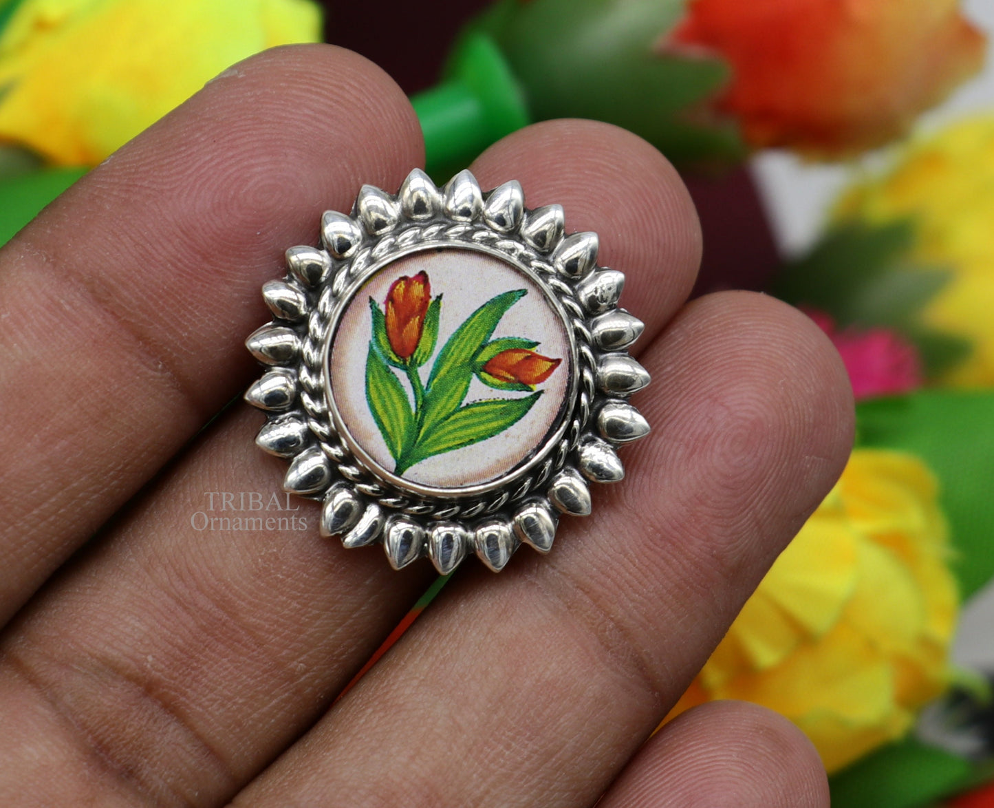 925 sterling silver adjustable ring band with fabulous flower painting ring unisex India jewelry ring505 - TRIBAL ORNAMENTS