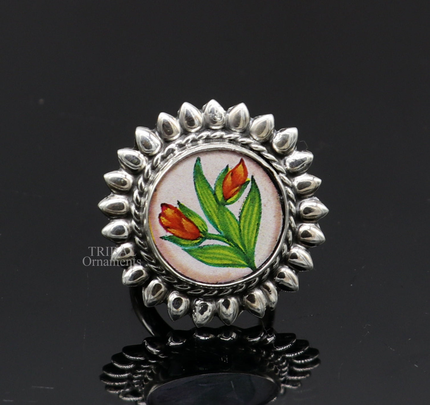 925 sterling silver adjustable ring band with fabulous flower painting ring unisex India jewelry ring505 - TRIBAL ORNAMENTS