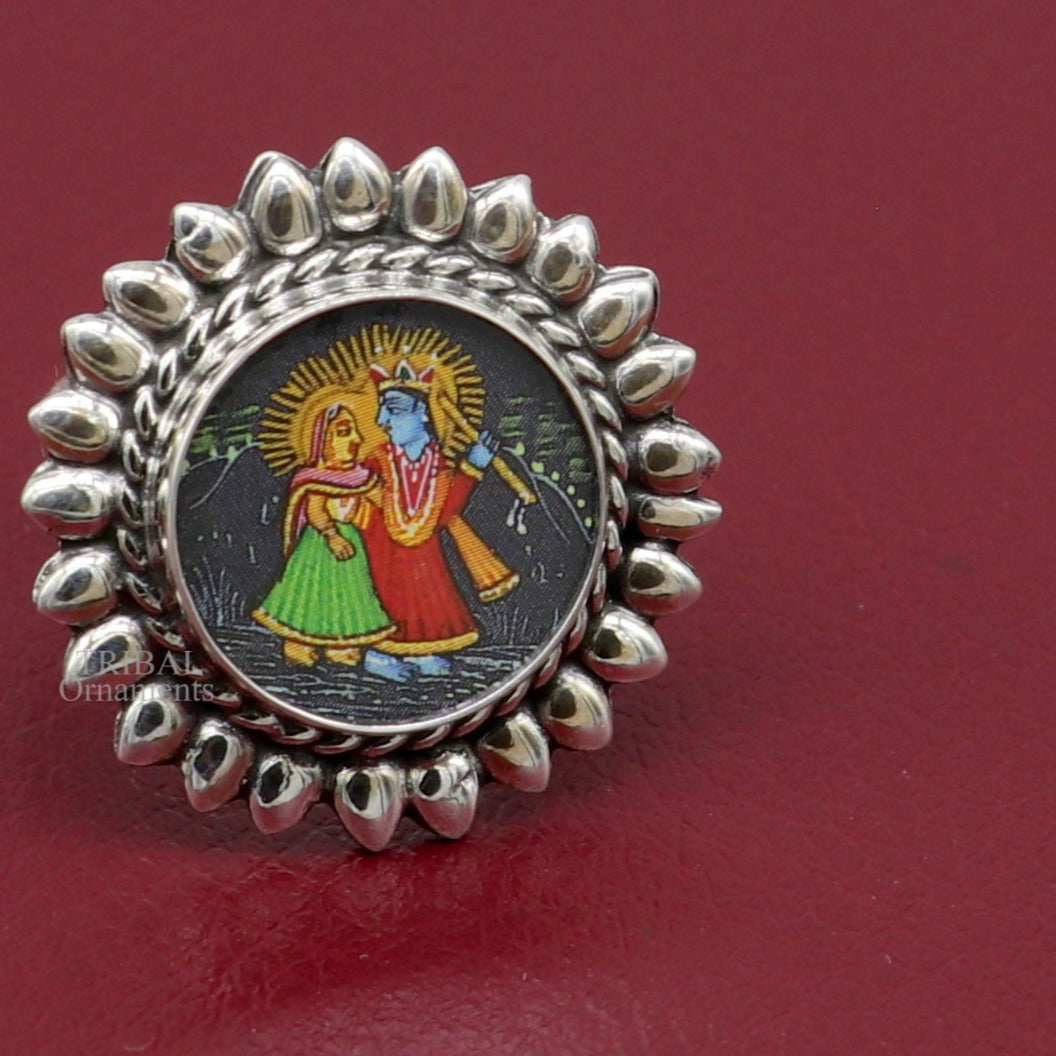 Exclusive Lord Krishna and Radha handmade miniature art painting ring 925 sterling silver Stylish ethnic party functional jewelry ring517 - TRIBAL ORNAMENTS
