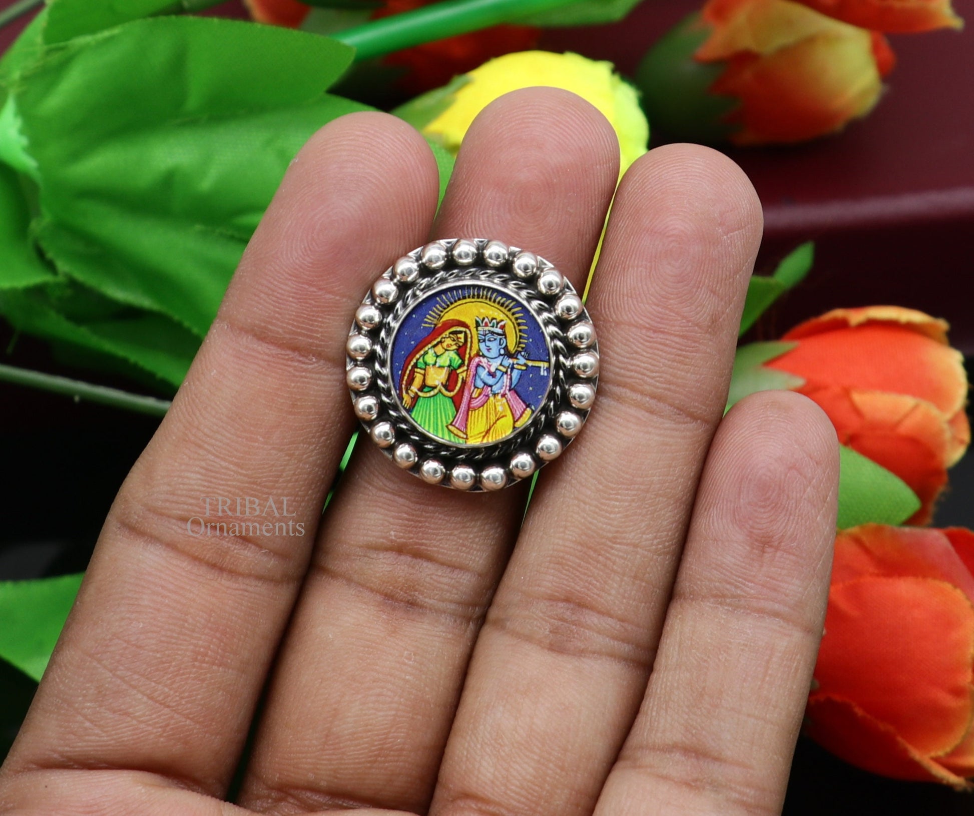 Exclusive Lord Krishna and Radha handmade miniature art painting ring 925 sterling silver Stylish ethnic party functional jewelry ring535 - TRIBAL ORNAMENTS