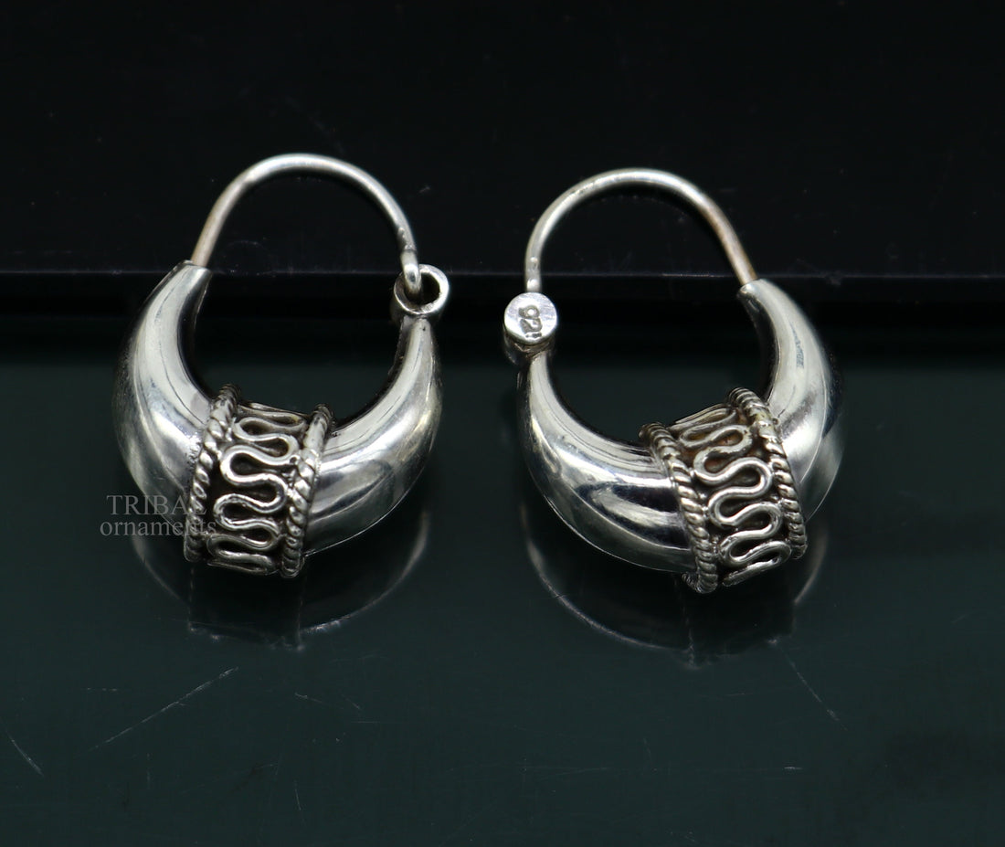 925 sterling silver Handmade vintage ethnic style hoops earrings Kundal unisex tribal stylish unique Bali jewelry from India ear1214 - TRIBAL ORNAMENTS