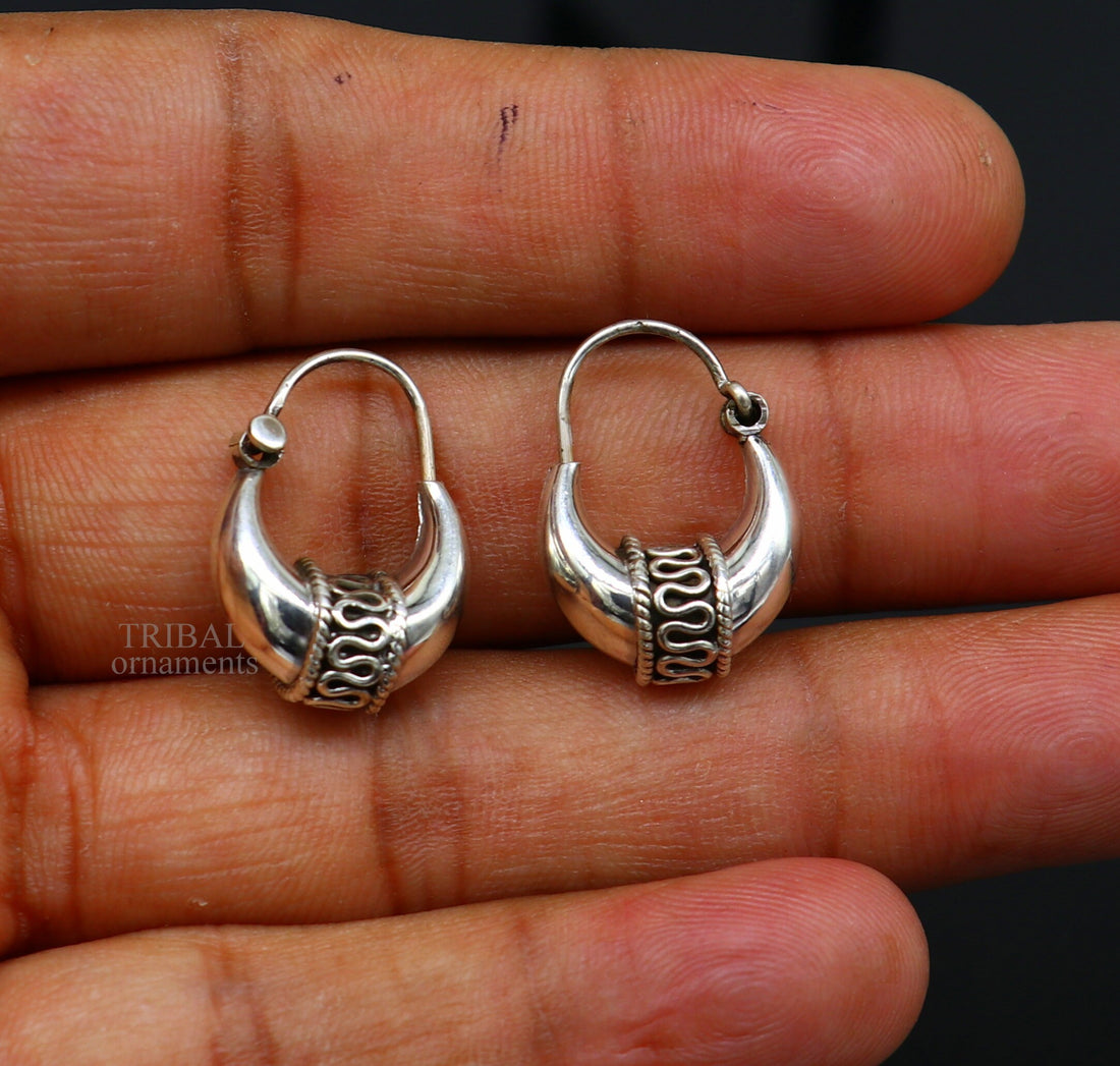 925 sterling silver Handmade vintage ethnic style hoops earrings Kundal unisex tribal stylish unique Bali jewelry from India ear1214 - TRIBAL ORNAMENTS