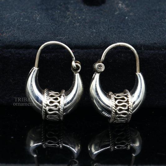 925 sterling silver Handmade vintage ethnic style hoops earrings Kundal unisex tribal stylish unique Bali jewelry from India ear1214 - TRIBAL ORNAMENTS