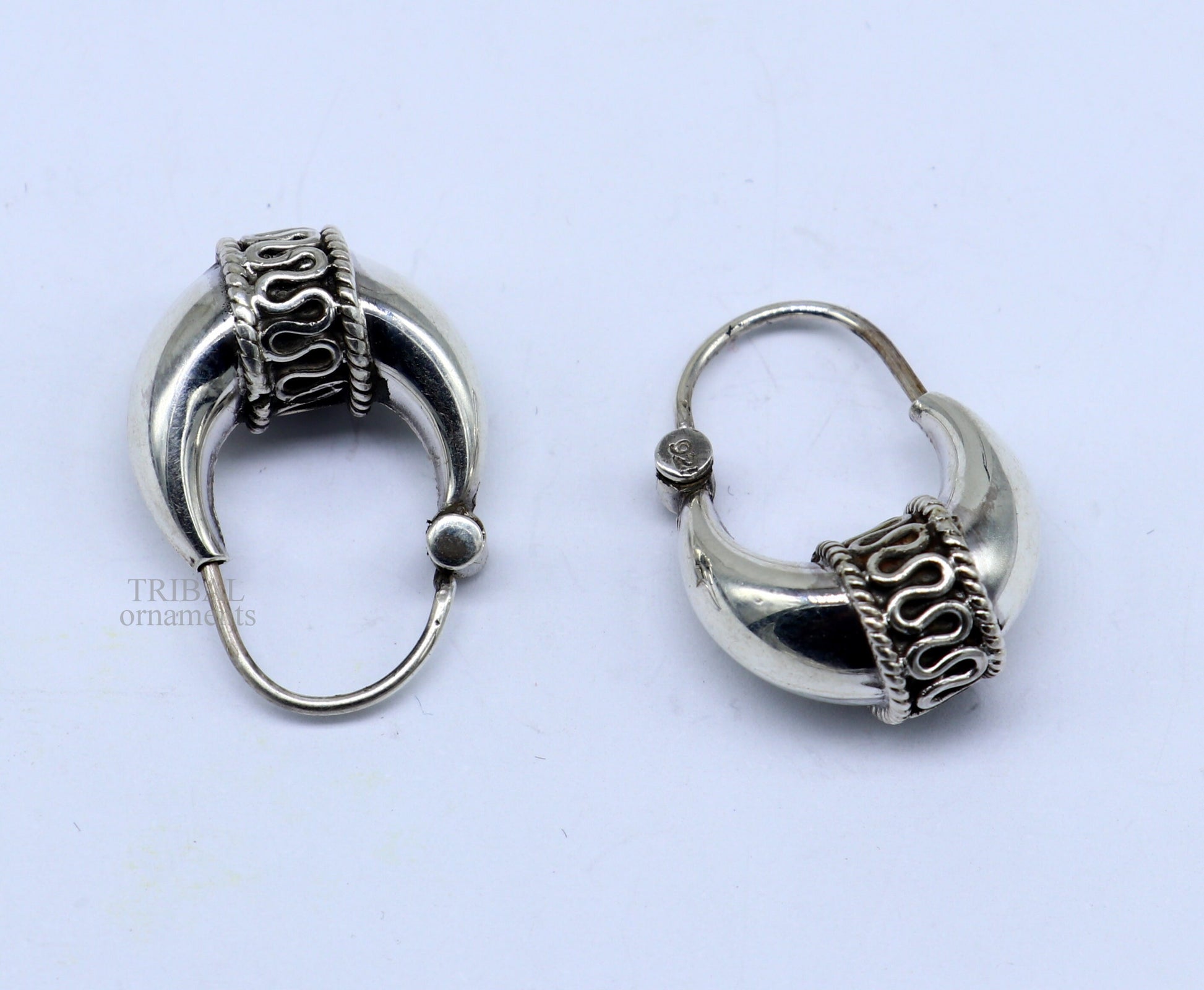 925 sterling silver Handmade vintage ethnic style hoops earrings Kundal unisex tribal stylish unique Bali jewelry from India ear1214 - TRIBAL ORNAMENTS