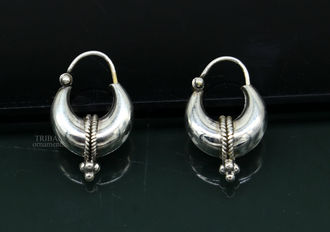 925 sterling silver Handmade vintage ethnic style hoops earrings Kundal unisex tribal stylish unique Bali jewelry from India ear1223 - TRIBAL ORNAMENTS