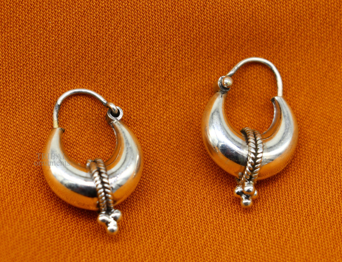 925 sterling silver Handmade vintage ethnic style hoops earrings Kundal unisex tribal stylish unique Bali jewelry from India ear1223 - TRIBAL ORNAMENTS