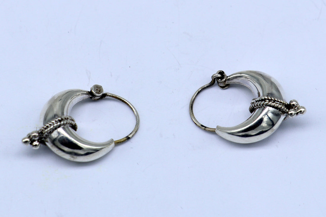 Exclusive 925 sterling silver Handmade vintage ethnic style hoops earrings Kundal unisex tribal stylish unique Bali jewelry India ear1236 - TRIBAL ORNAMENTS
