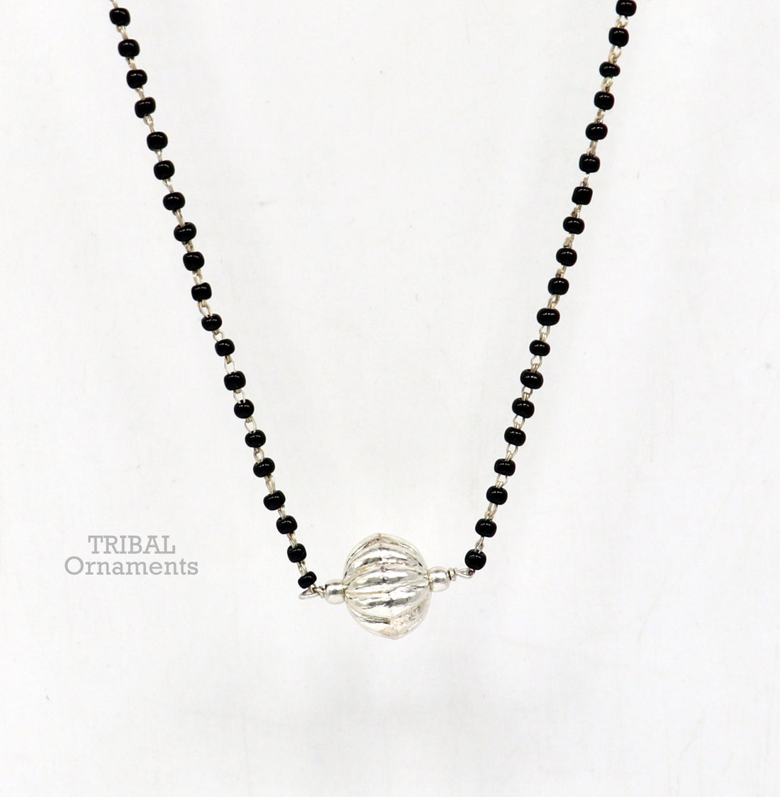 Pure 925 sterling silver black beads chain necklace, vintage ball pendant, traditional style brides Mangalsutra necklace set444 - TRIBAL ORNAMENTS