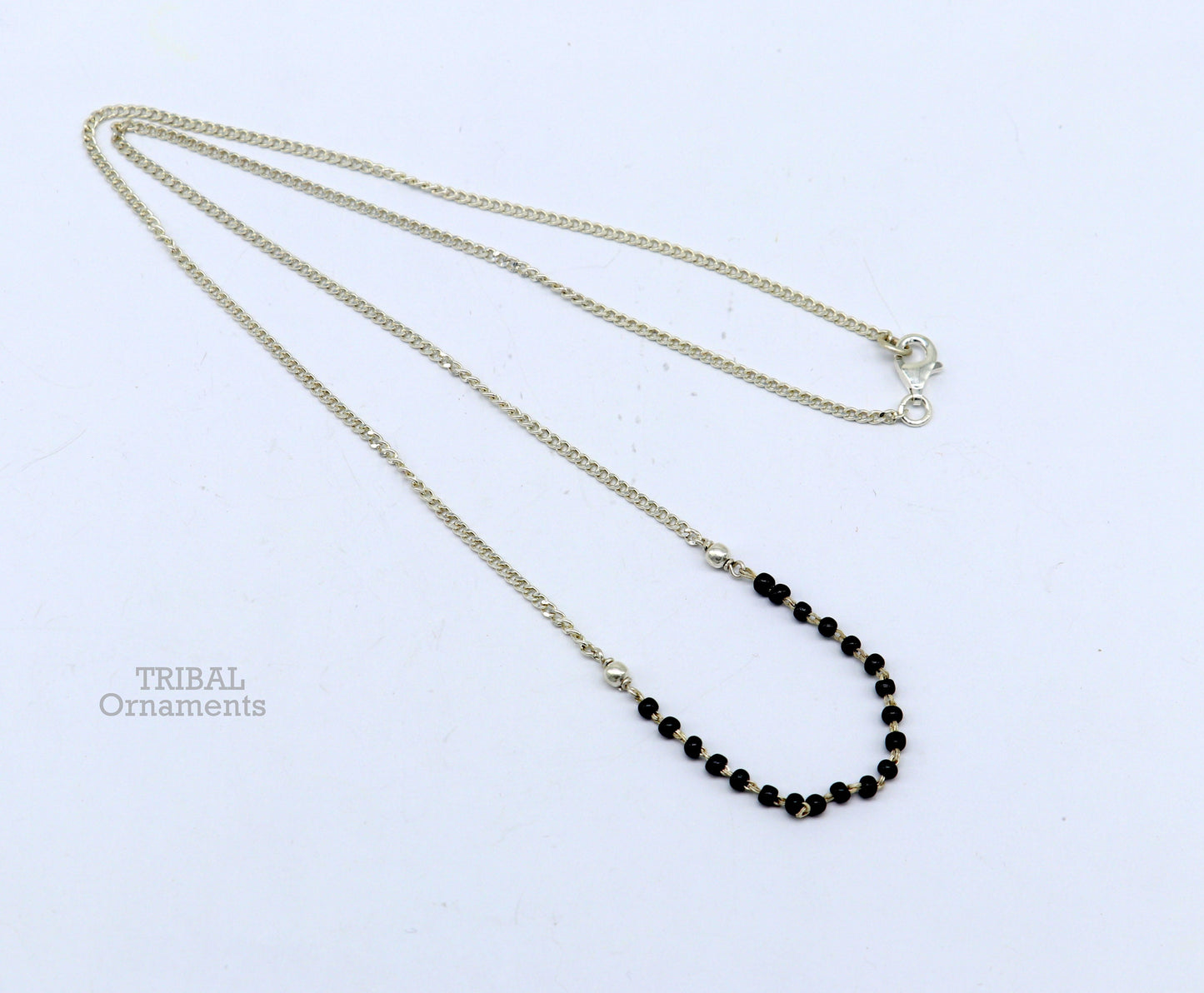 Pure 925 sterling silver black beads with Cuban chain necklace, traditional style brides Mangalsutra style chain necklace set447 - TRIBAL ORNAMENTS