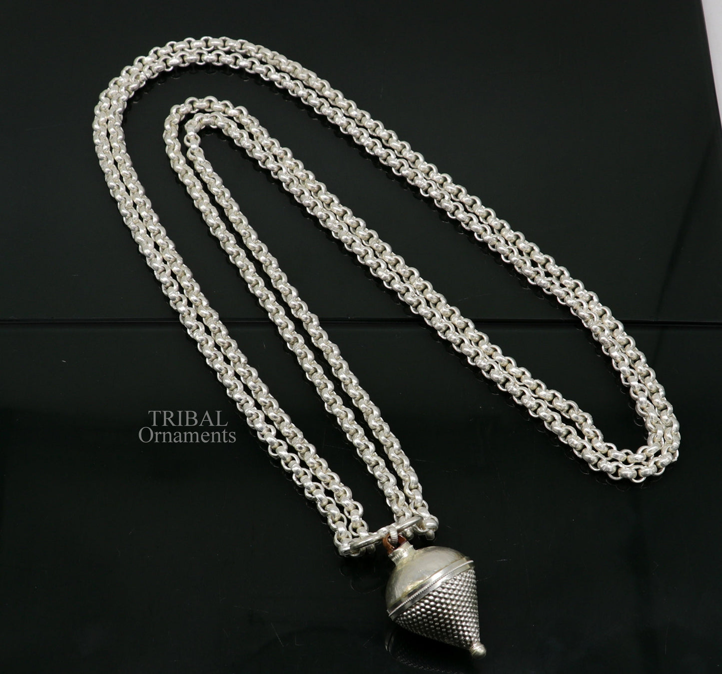 Solid Sterling silver handmade fabulous cable link rolo chain 2 string necklace jewelry from india set449 - TRIBAL ORNAMENTS