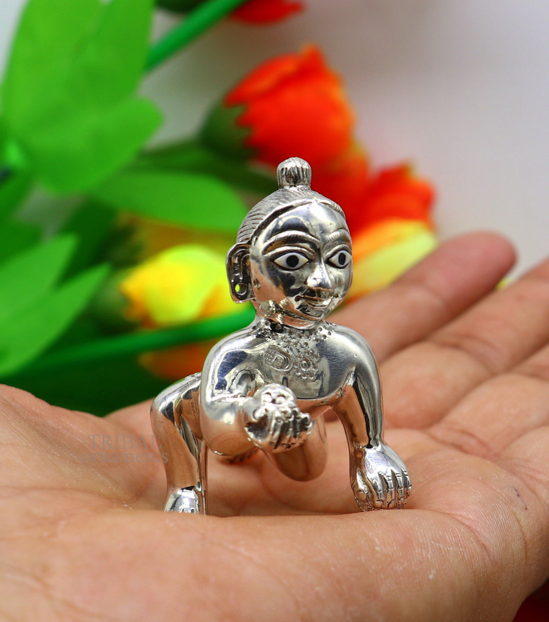 925 sterling Solid silver handmade idol divine Krishna, Ladu Gopal, crawling Krishna small statue sculpture home temple puja art art494 - TRIBAL ORNAMENTS