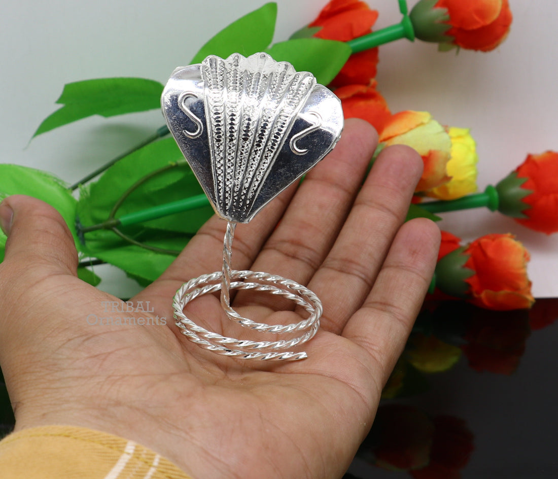 Solid silver handmade Divine Sheshnag mini panchmukhi snake or shiva snake for puja or worshipping, solid Diwali puja article su740 - TRIBAL ORNAMENTS