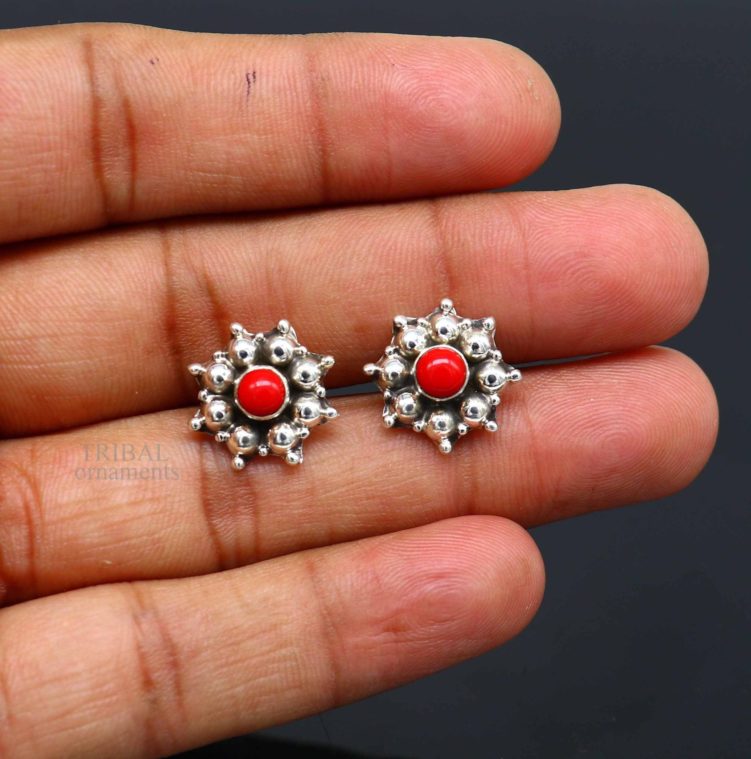 Simple Handmade Silver Stud Earrings With Single Red Kemp Stone Stone  Colour Red