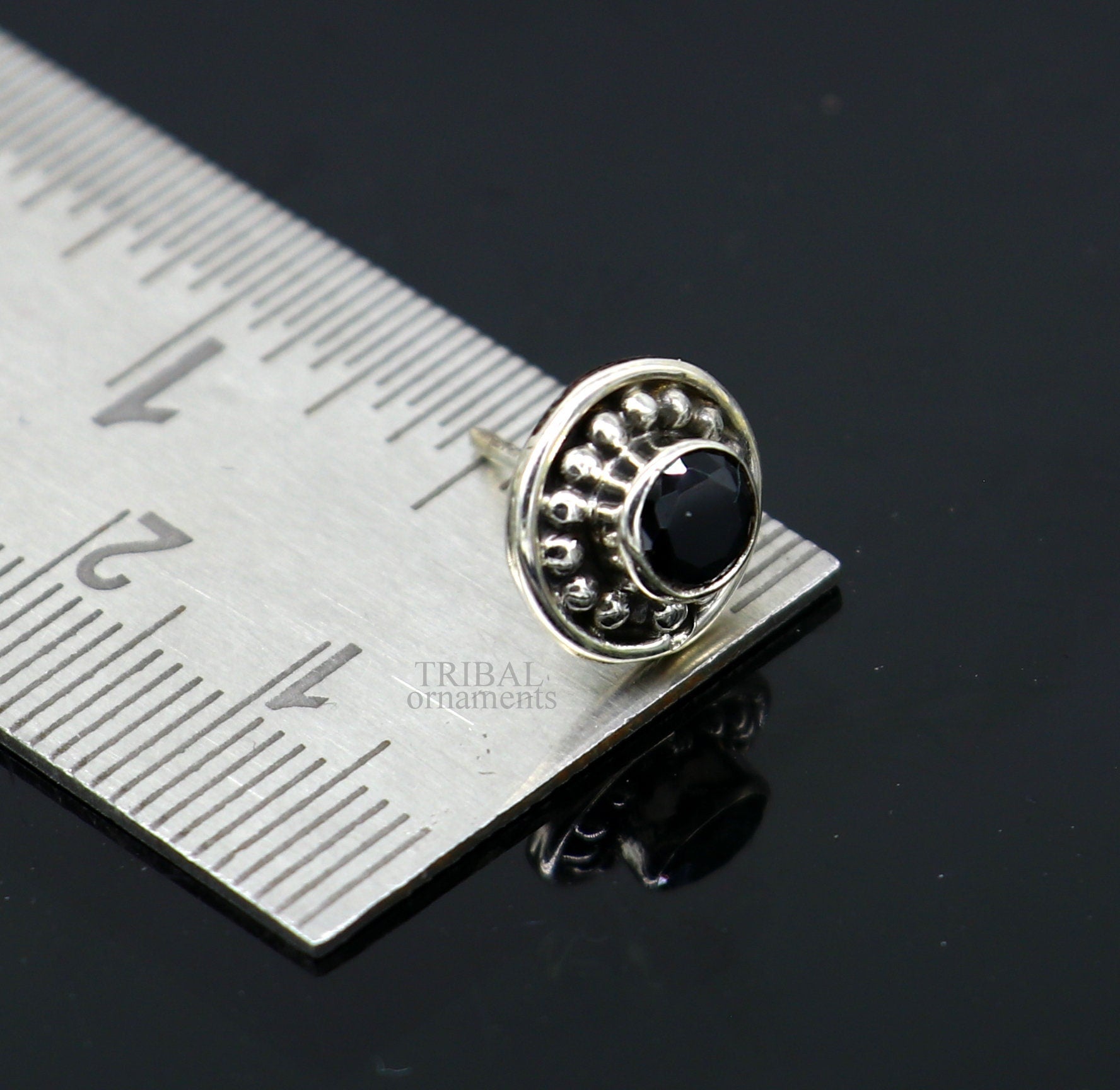 Single Black stone Flower design handmade 925 sterling silver stud earring, best daily use vintage style jewelry from India ear1207 - TRIBAL ORNAMENTS