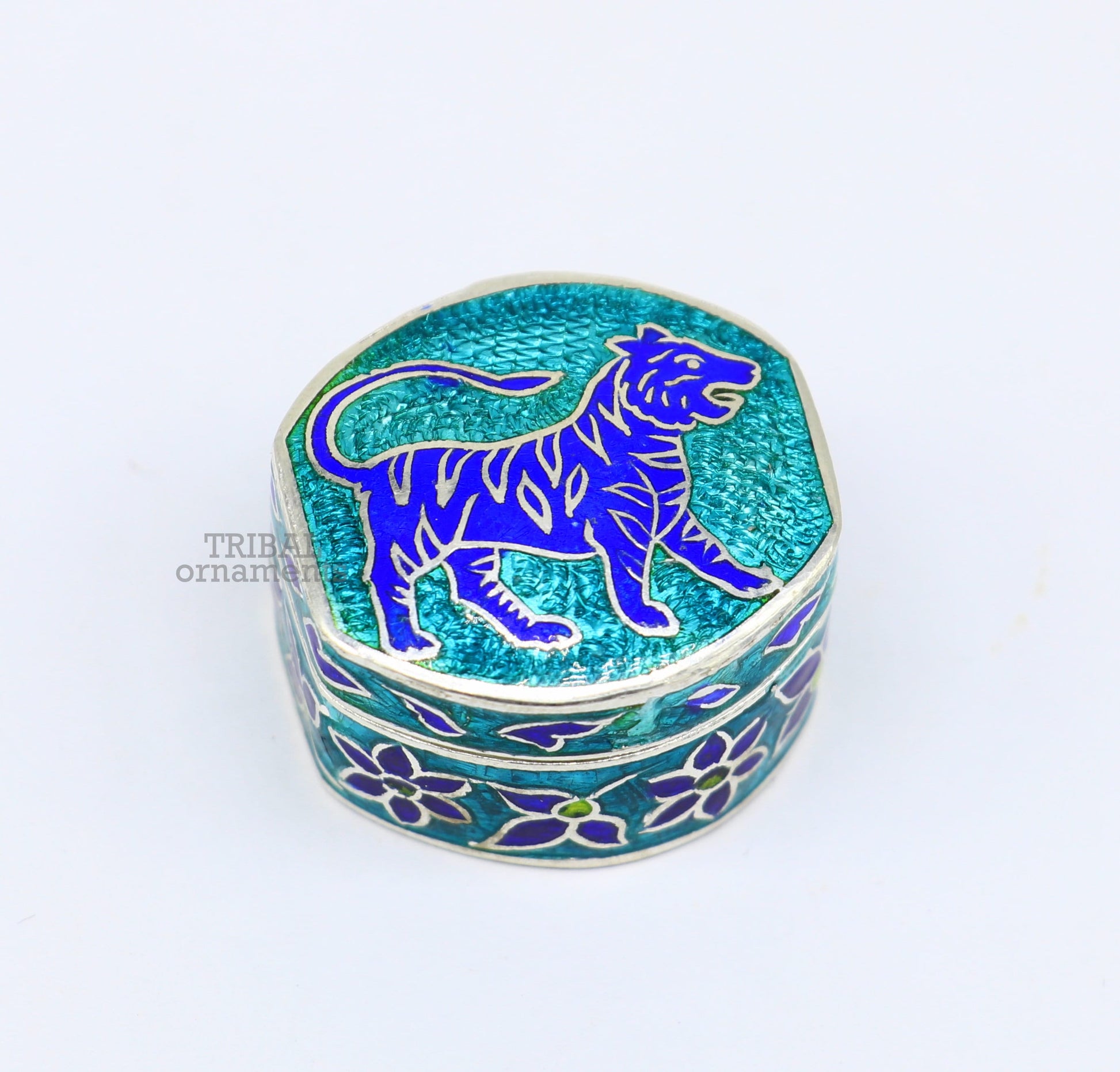 925 sterling silver trinket box, kajal box/casket box brides collection, lion enamel design container box, eyeliner box gifting stb366 - TRIBAL ORNAMENTS