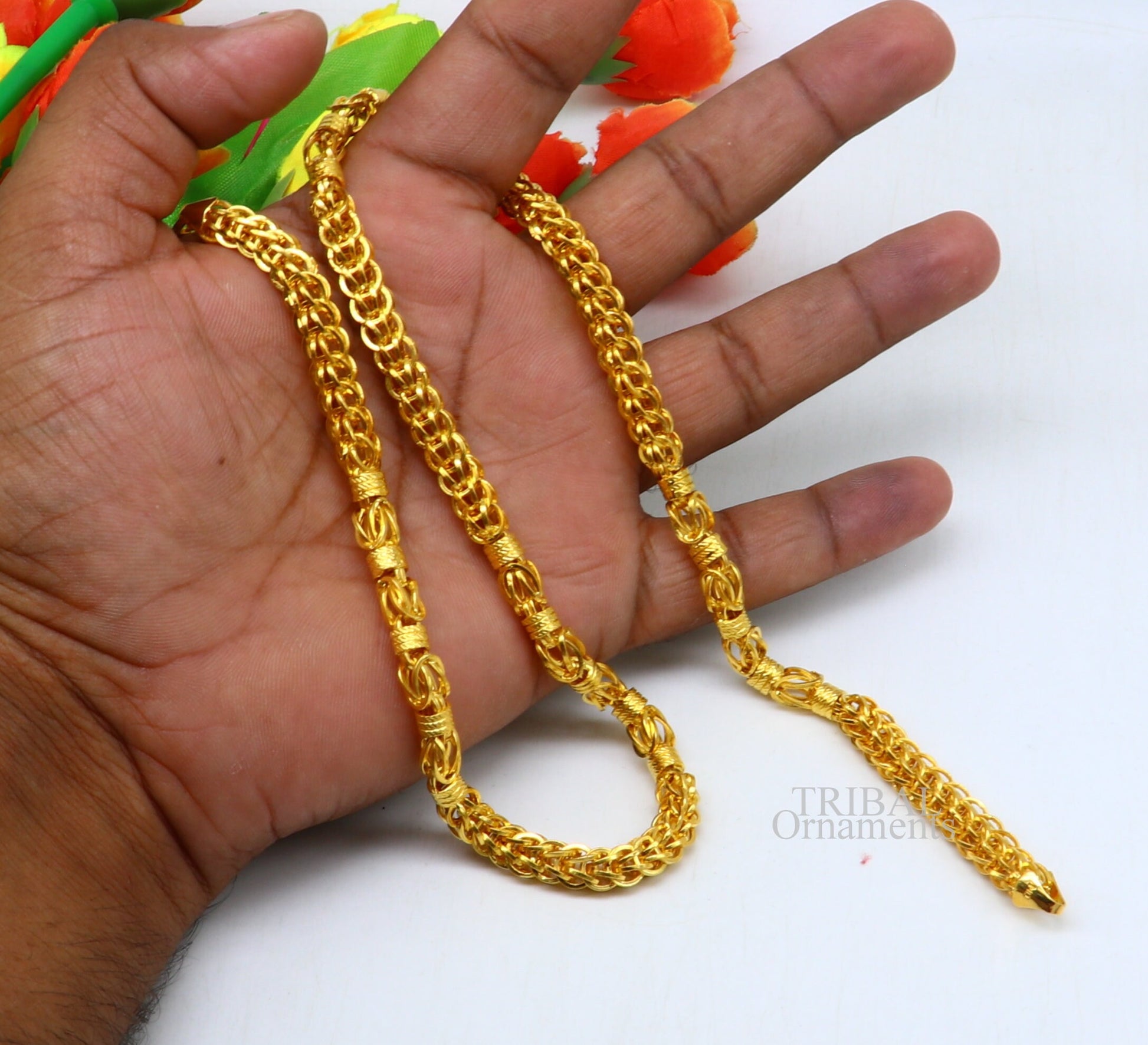 22kt yellow gold handmade customized design stylish byzantine chain necklace, best gifting unisex chain, hallmarked chain necklace ch549 - TRIBAL ORNAMENTS