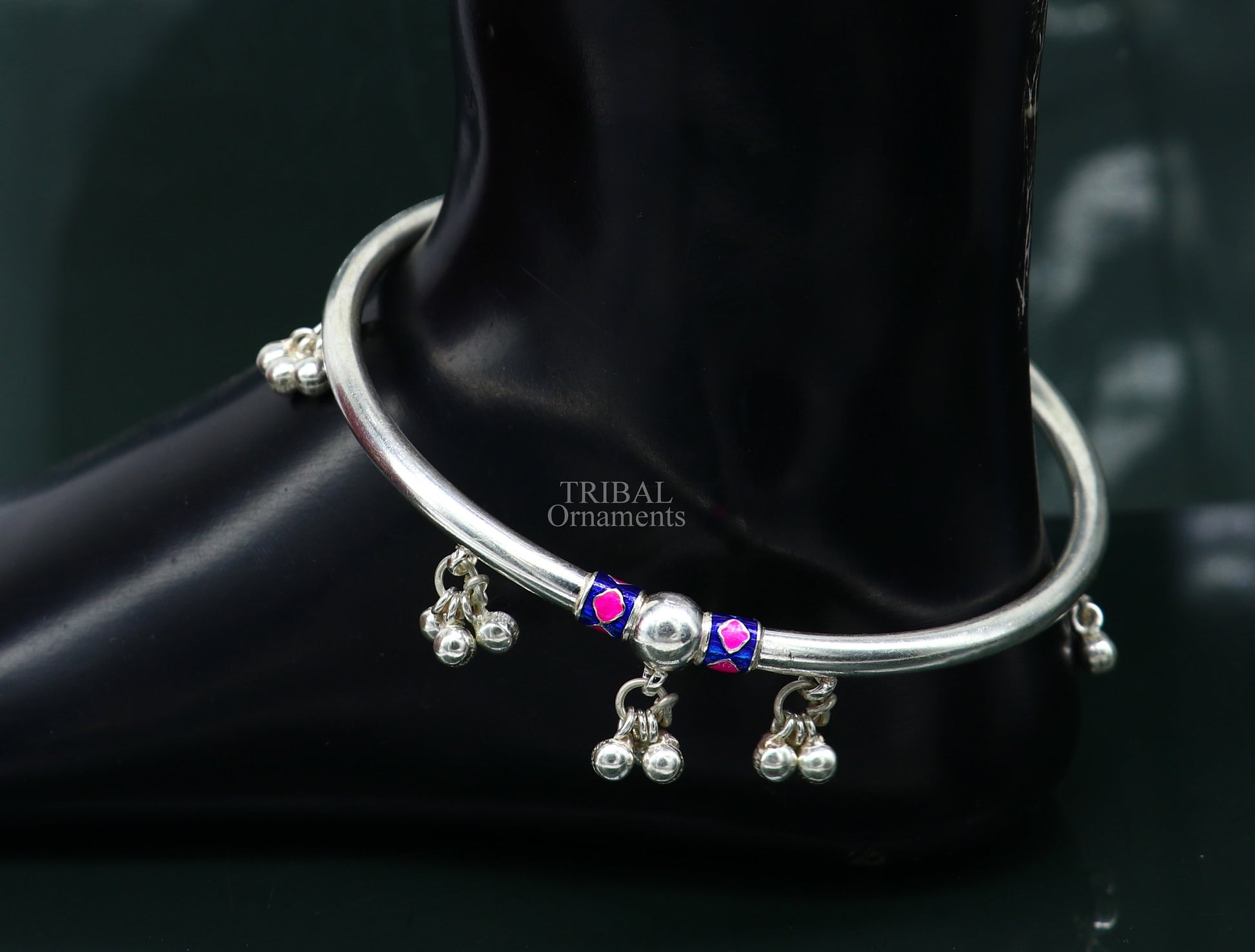Indian tribal ethnic sterling silver ankle jewelry, best ankle  bangle bracelet, ankle kada with bells, amazing belly dance jewelry nsfk54 - TRIBAL ORNAMENTS