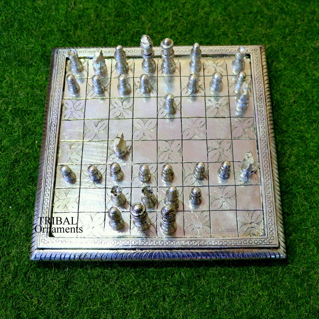 12" x 12" 925 sterling silver chessboard, Amazing customized handcrafted design on wooden base, Amazing Royal silver gift article india sf10 - TRIBAL ORNAMENTS