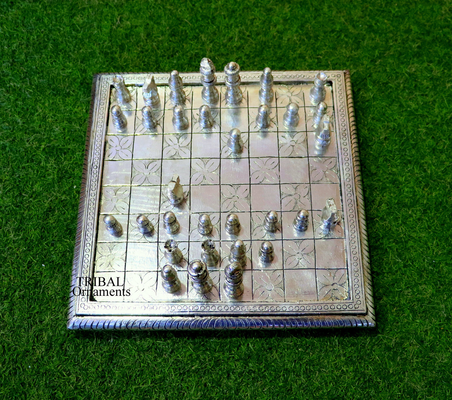 12" x 12" 925 sterling silver chessboard, Amazing customized handcrafted design on wooden base, Amazing Royal silver gift article india sf10 - TRIBAL ORNAMENTS