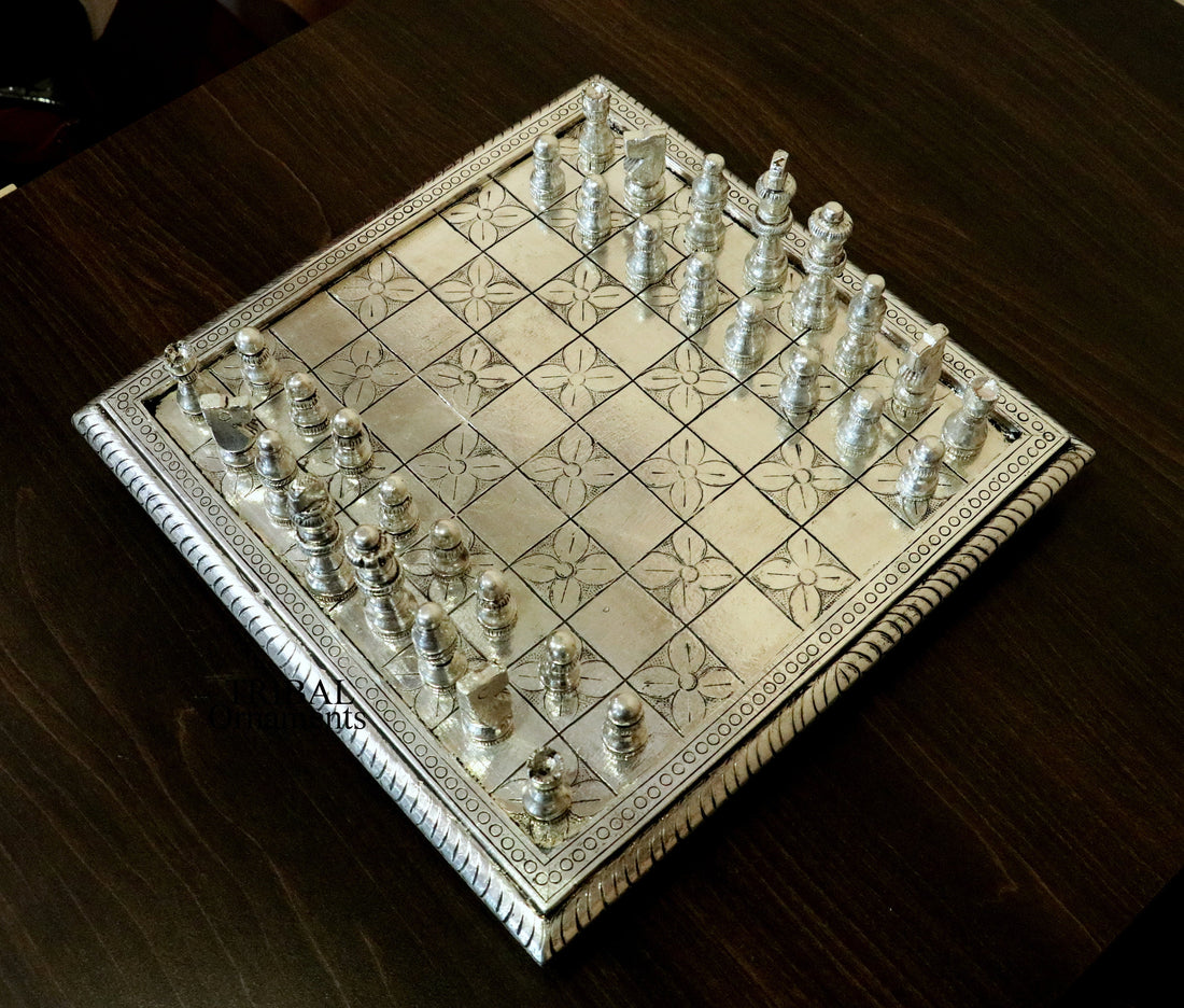 12" x 12" 925 sterling silver chessboard, Amazing customized handcrafted design on wooden base, Amazing Royal silver gift article india sf10 - TRIBAL ORNAMENTS