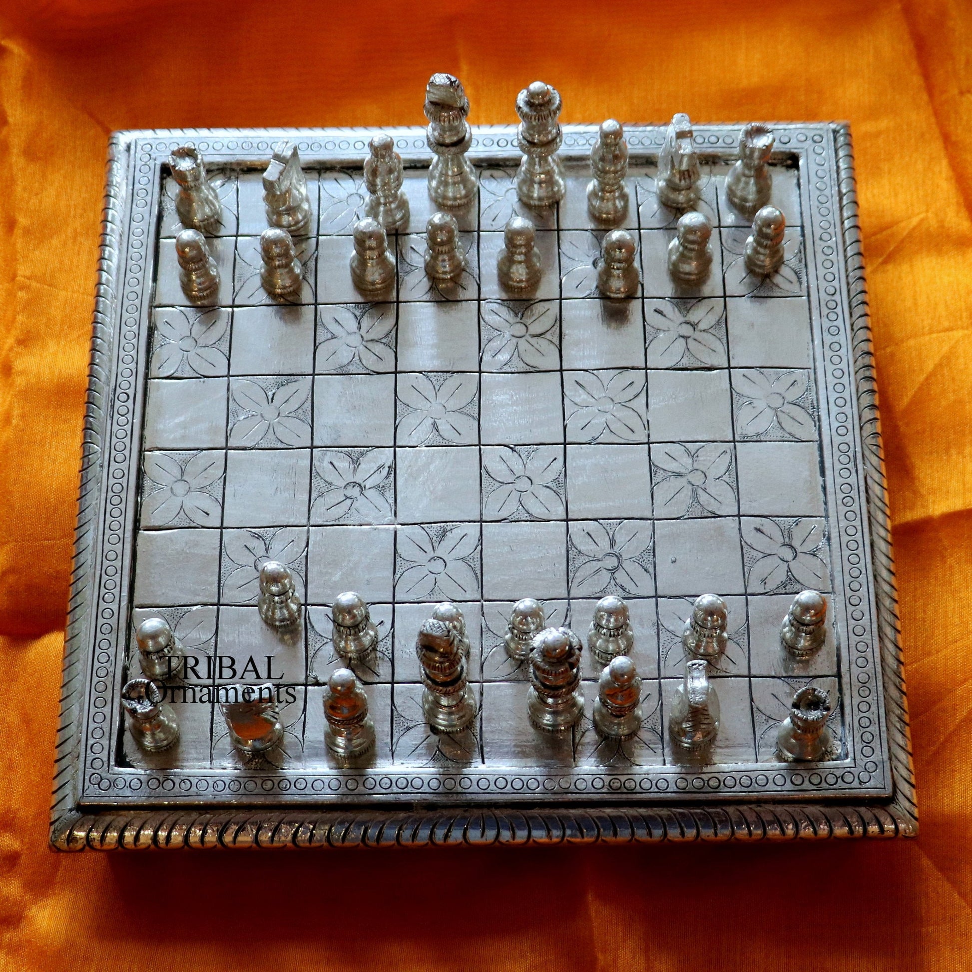 12" x 12" 925 sterling silver chessboard, Amazing customized handcrafted design on wooden base, Amazing Royal silver gift article india sf10 - TRIBAL ORNAMENTS