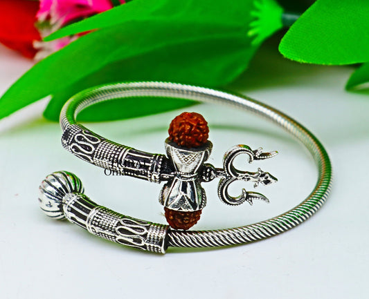 925 sterling silver Lord shiva trident trishool kada bangle bracelet with fabulous natural rudraksha  antique jewelry nsk485 - TRIBAL ORNAMENTS