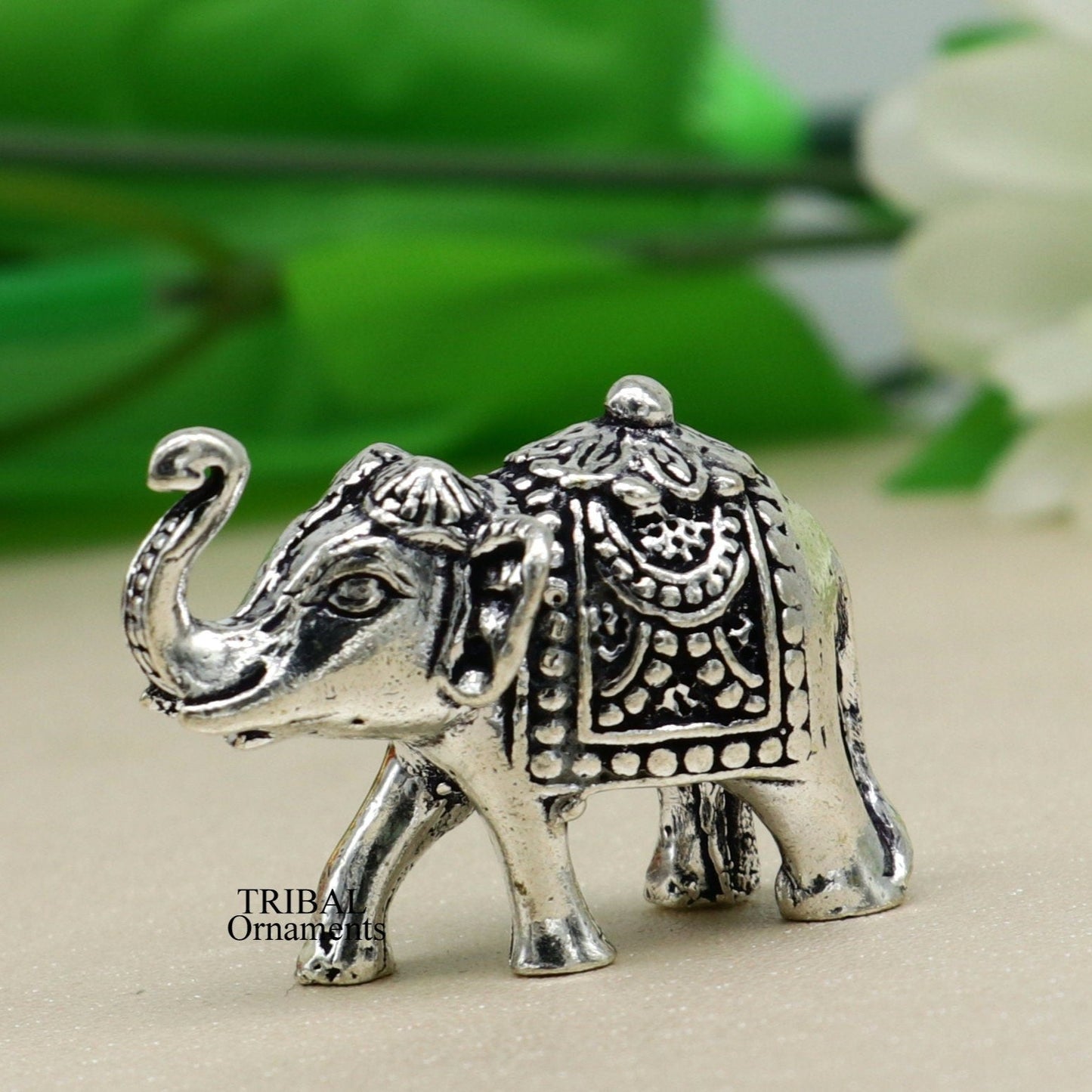 Solid 925 Sterling silver Kandrai work Nakshi design customized Elephant statue, puja article figurine, home décor Diwali puja gift art497 - TRIBAL ORNAMENTS