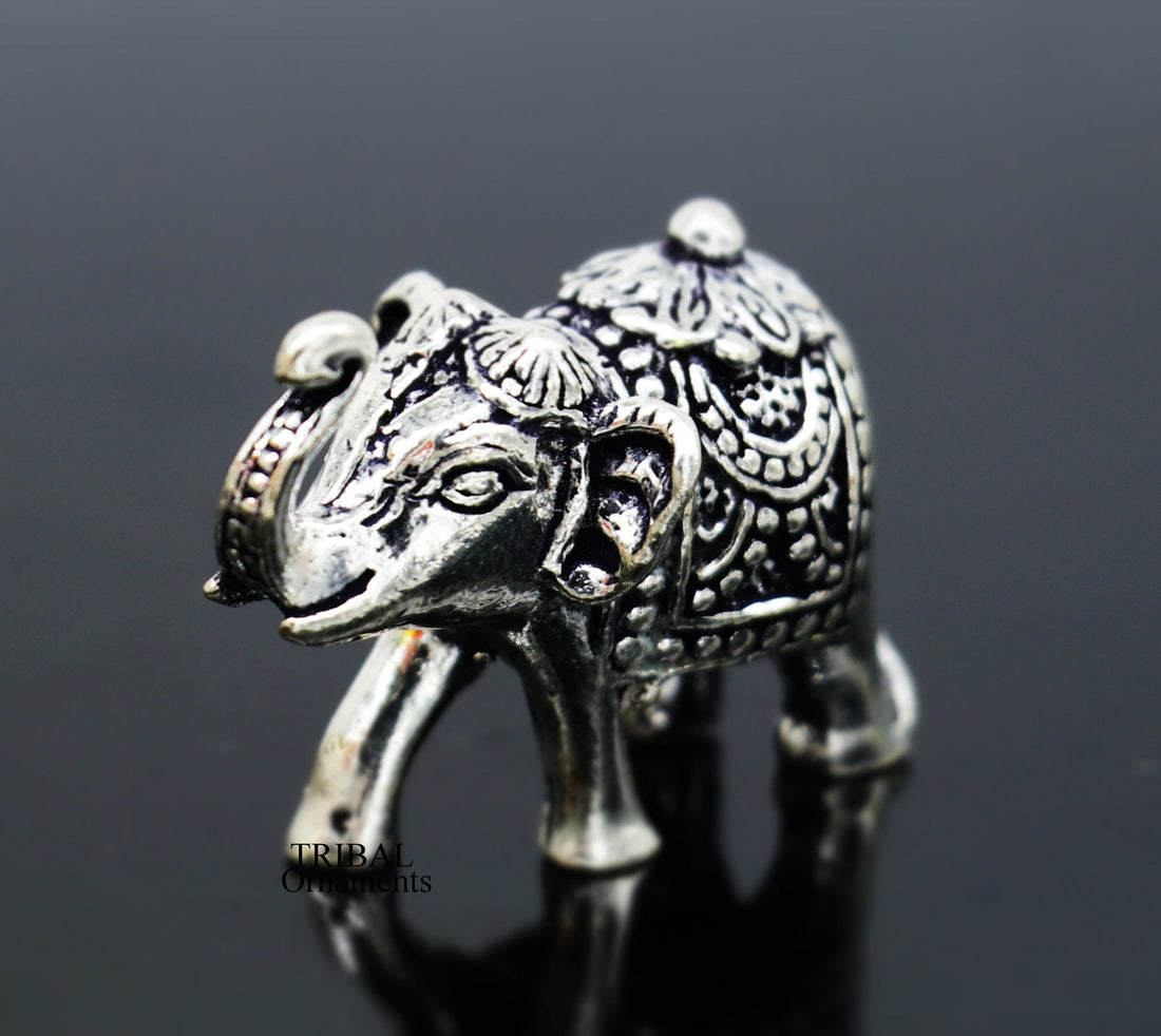 Solid 925 Sterling silver Kandrai work Nakshi design customized Elephant statue, puja article figurine, home décor Diwali puja gift art497 - TRIBAL ORNAMENTS