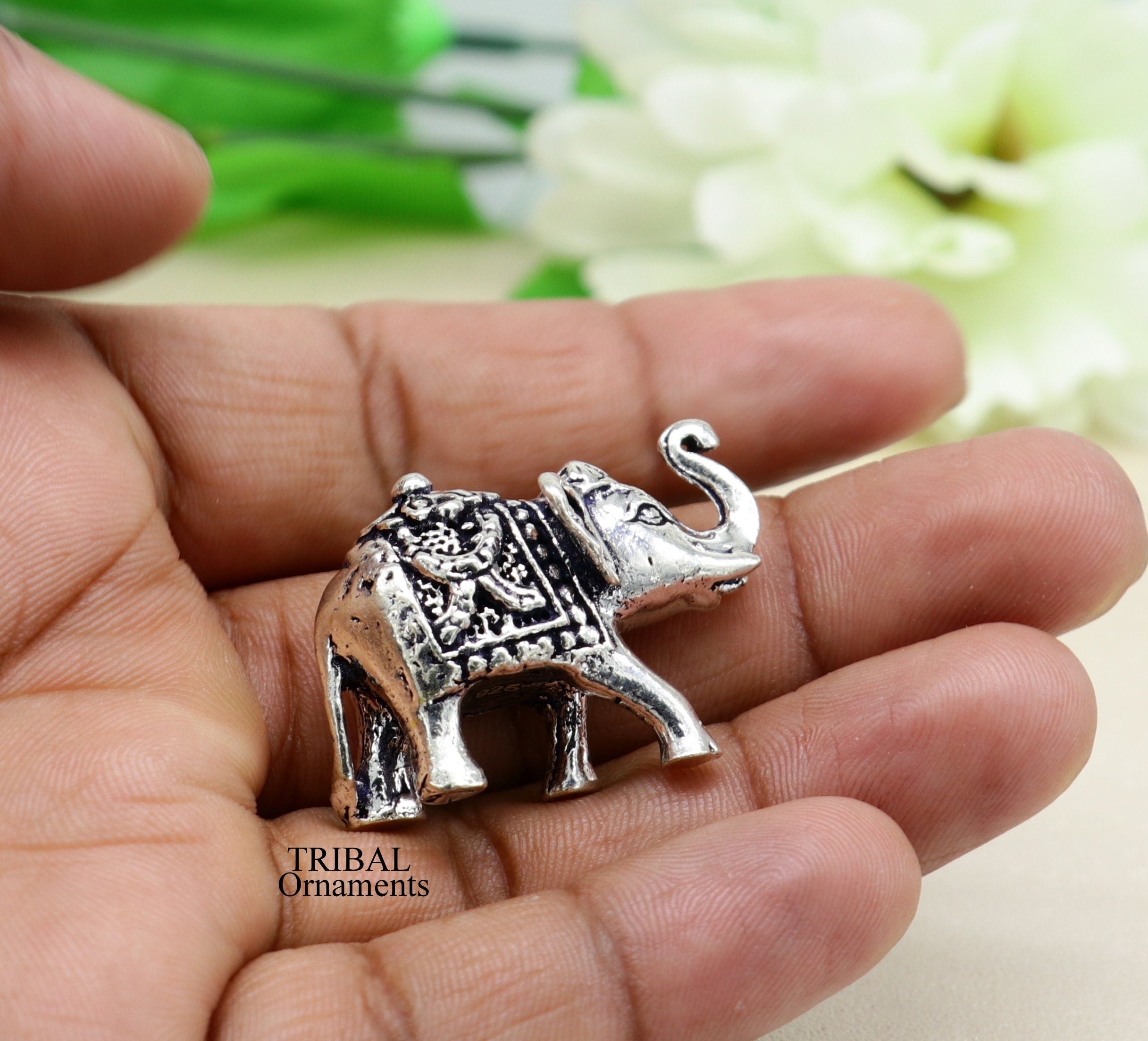 925 Sterling silver selling Kandrai work Nakshi/ chitai design customized Elephant statue, puja article figurine, décor Diwali puja articles su494