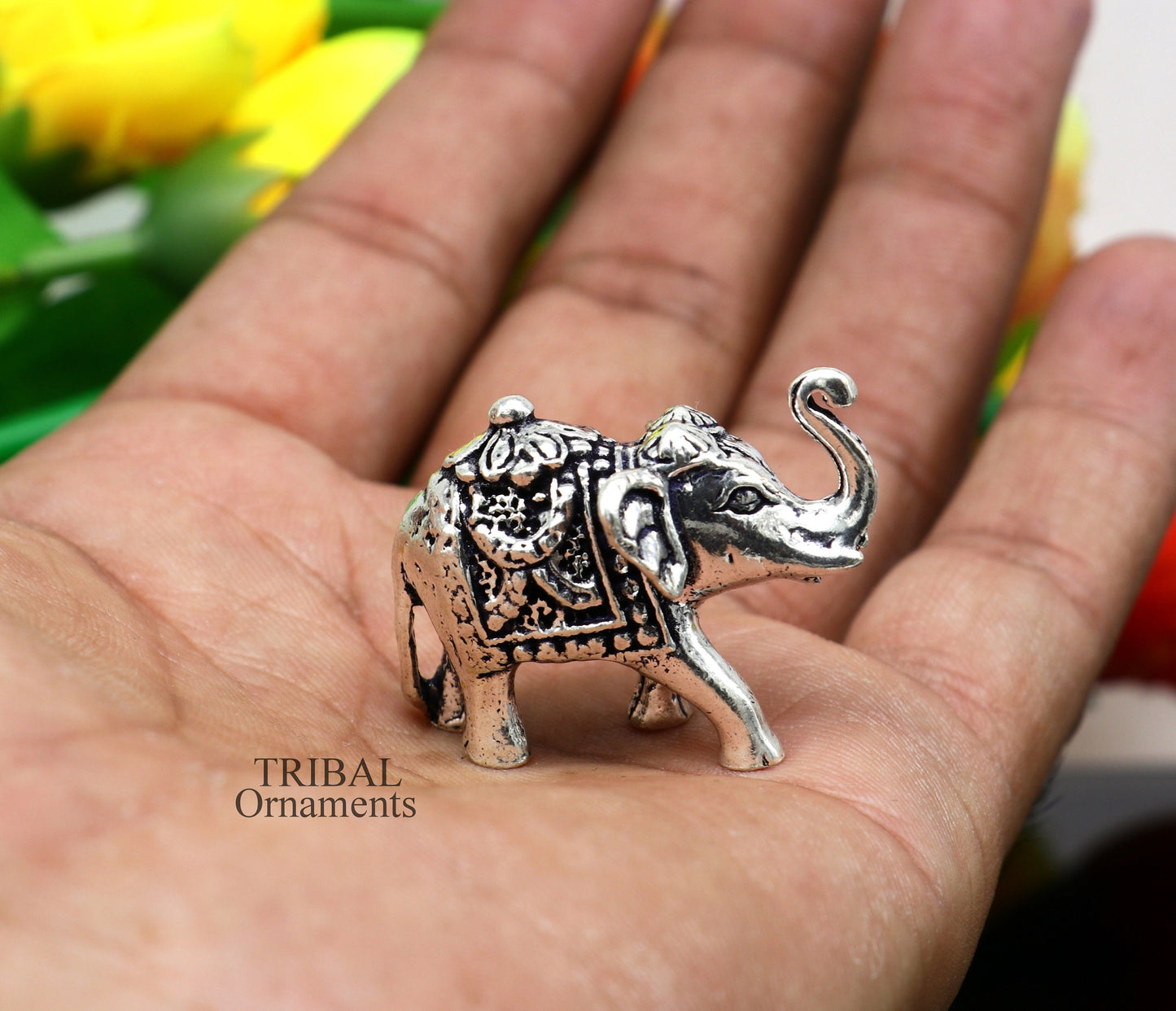 Solid 925 Sterling silver Kandrai work Nakshi design customized Elephant statue, puja article figurine, home décor Diwali puja gift art500 - TRIBAL ORNAMENTS