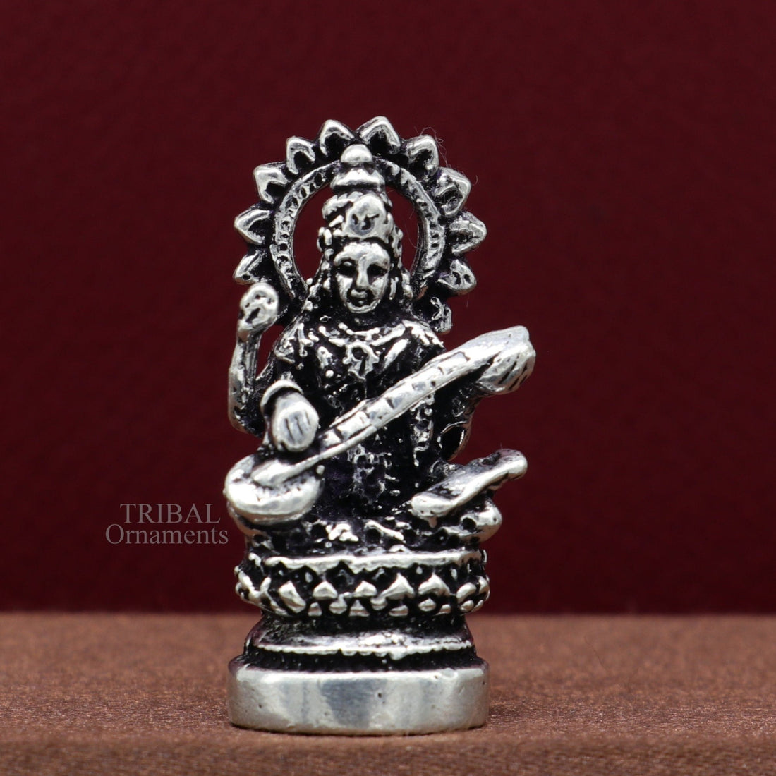 Divine goddess Sarashwati small 925 sterling silver solid article statue figurine, best home temple or car god sculpture  art514 - TRIBAL ORNAMENTS