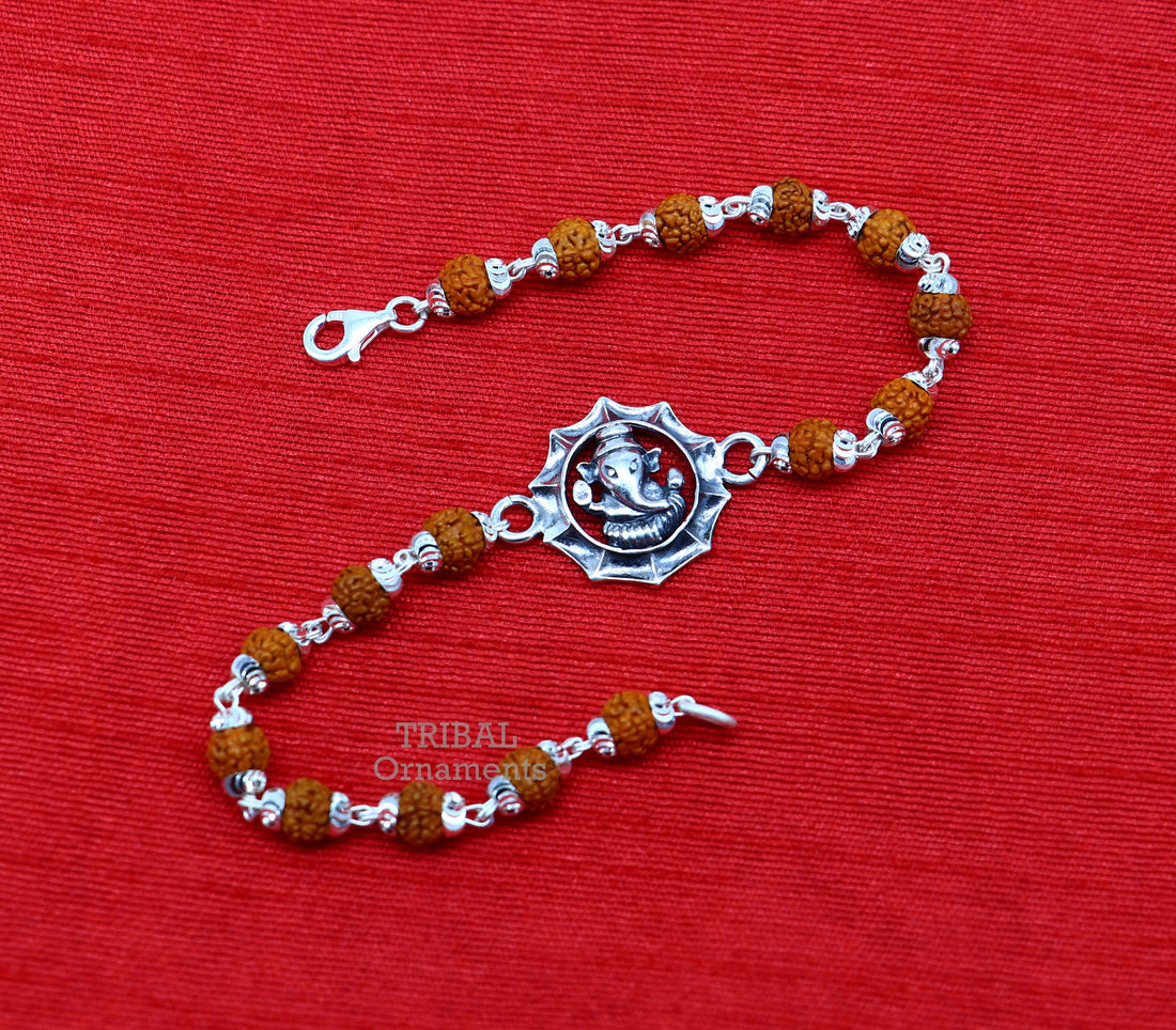 Divine 925 sterling silver handmade lord Ganesha design Rakhi bracelet amazing Rudraksha bracelet, use as daily use jewelry rk211 - TRIBAL ORNAMENTS