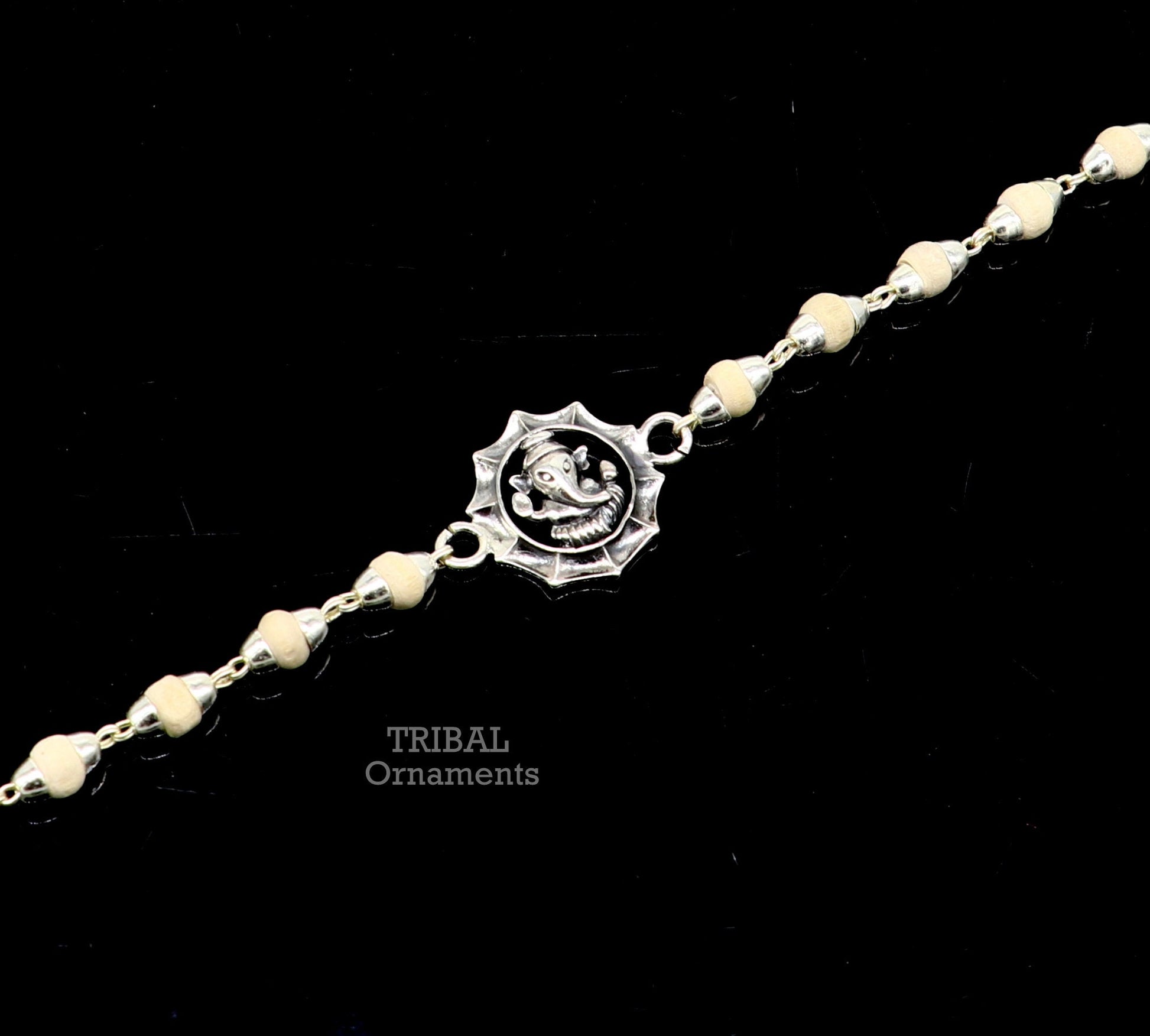 Holy basil rosary 925 sterling silver handmade lord Ganesha design Rakhi bracelet amazing brother bracelet, use as daily use jewelry rk218 - TRIBAL ORNAMENTS