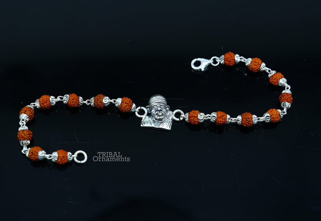 925 sterling silver handmade Sai baba design rakhi bracelet, available in rudraksha, black basil tulsi or silver beaded bracelet rk234 - TRIBAL ORNAMENTS