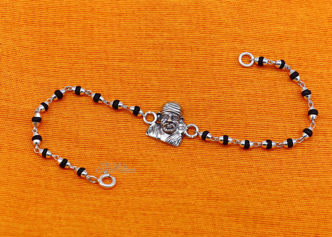 925 sterling silver handmade Sai baba design rakhi bracelet, available in rudraksha, black basil tulsi or silver beaded bracelet rk234 - TRIBAL ORNAMENTS