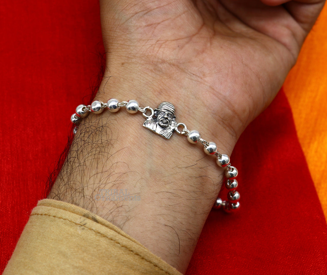 925 sterling silver handmade Sai baba design rakhi bracelet, available in rudraksha, black basil tulsi or silver beaded bracelet rk234 - TRIBAL ORNAMENTS